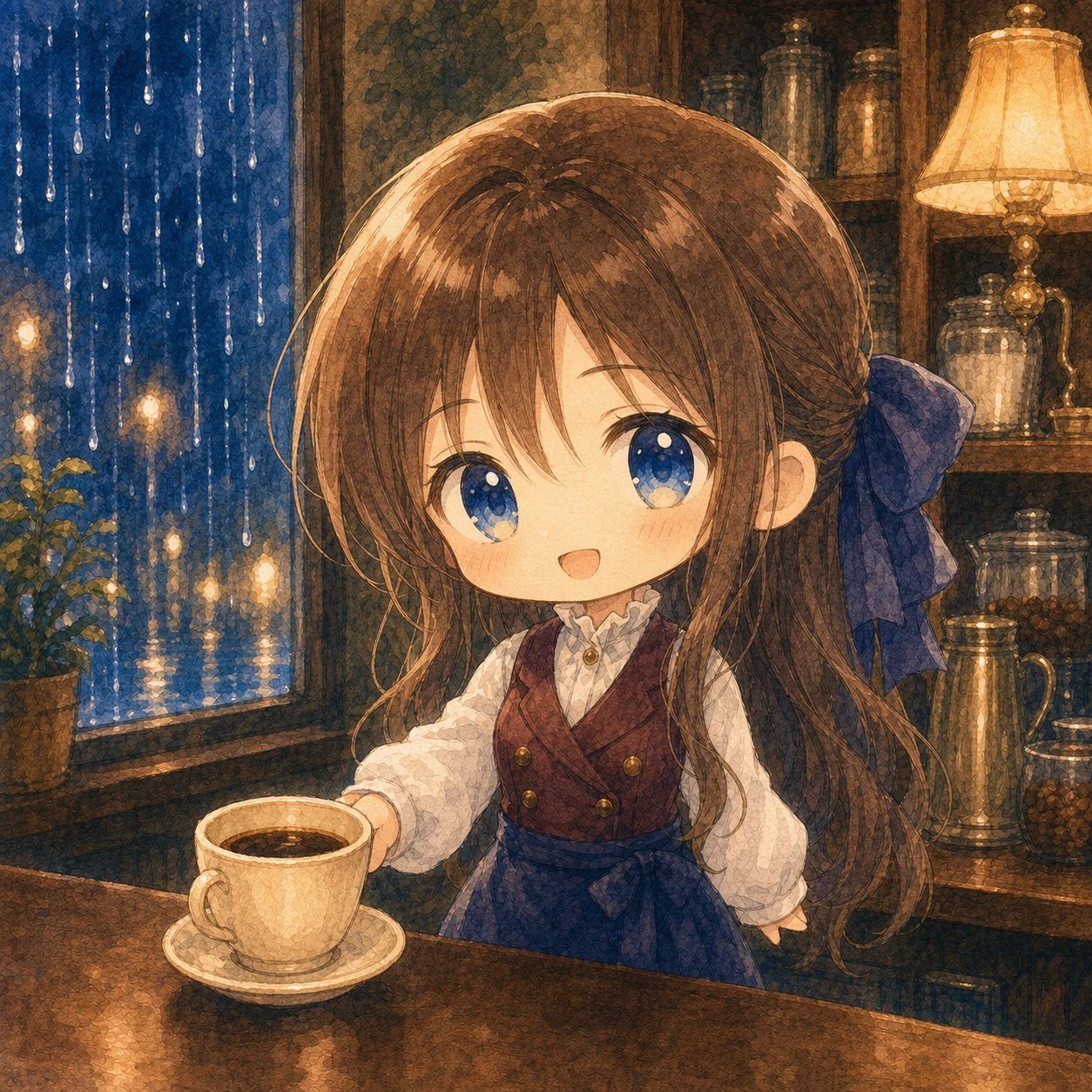 雅琍在雨夜咖啡馆吧台后的日式绘本水彩 chibi 肖像